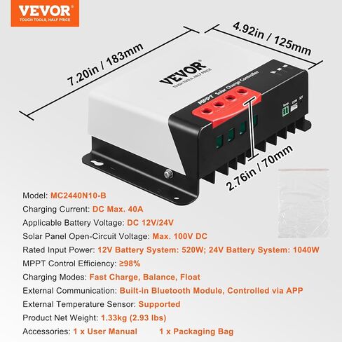 VEVOR 50A MPPT Solar Charge Controller, 12V / 24V Auto DC Input, Solar Panel Regulator Charger with Bluetooth Module, 98% Charging Efficiency for Sealed(AGM), Gel, Flooded and Lithium Battery Charging in Saudi Arabia