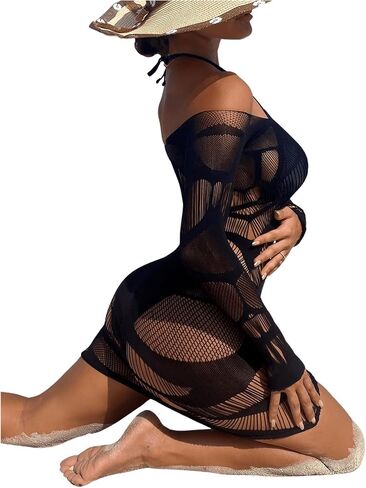 SHENHE Women's Sheer Mesh Off Shoulder Long Sleeve Beach Cover Up Sun Dresses Black One Size in Saudi Arabia