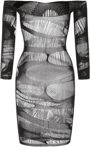 SHENHE Women's Sheer Mesh Off Shoulder Long Sleeve Beach Cover Up Sun Dresses Black One Size in Saudi Arabia