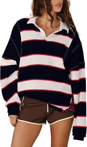 Womens Oversized Striped Polo Sweatshirts Long Sleeve V Neck Lapel Collared Patchwork Color Block Pullover in Saudi Arabia