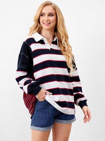 Womens Oversized Striped Polo Sweatshirts Long Sleeve V Neck Lapel Collared Patchwork Color Block Pullover in Saudi Arabia