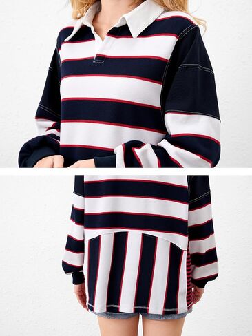 Womens Oversized Striped Polo Sweatshirts Long Sleeve V Neck Lapel Collared Patchwork Color Block Pullover in Saudi Arabia