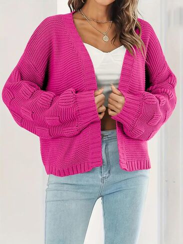 Women's 2024 Fall Open Front Long Lantern Sleeve Cardigan Oversized Chunky Outwear in Kuwait