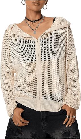 MakeMeChic Women's Hollow Out Long Sleeve Cardigan Hooded Zipper Crochet Tops Knitted Outerwear in Saudi Arabia