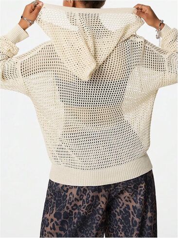 MakeMeChic Women's Hollow Out Long Sleeve Cardigan Hooded Zipper Crochet Tops Knitted Outerwear in Saudi Arabia