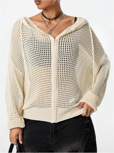 MakeMeChic Women's Hollow Out Long Sleeve Cardigan Hooded Zipper Crochet Tops Knitted Outerwear in Saudi Arabia