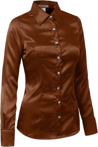 NE PEOPLE Womens Light Weight Long Cuff Sleeve Button Down Satin Shirt (S-3XL) in Kuwait