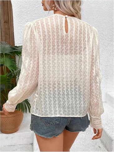 MakeMeChic Women's Lace Crew Neck Tops Sheer Mesh Lantern Long Sleeve Shirt Blouse in Saudi Arabia