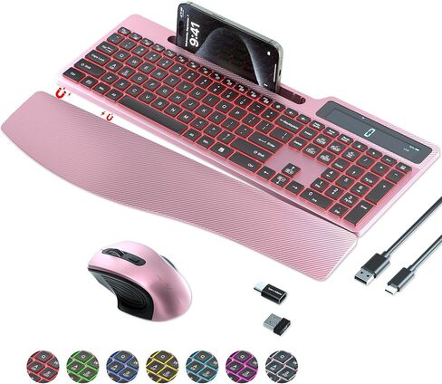 Wireless Keyboard Mouse Combo, Full Size Ergonomic Keyboard with Backlit, Wrist Rest, Calculator, Phone Holder, 2.4Ghz Silent Cordless Rechargeable Keyboard & Mouse for Laptop, PC, Windows, Mac OS in Saudi Arabia