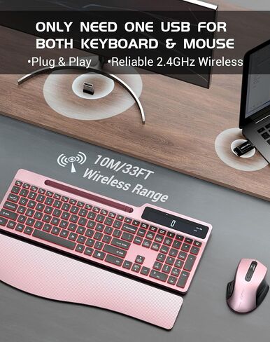 Wireless Keyboard Mouse Combo, Full Size Ergonomic Keyboard with Backlit, Wrist Rest, Calculator, Phone Holder, 2.4Ghz Silent Cordless Rechargeable Keyboard & Mouse for Laptop, PC, Windows, Mac OS in Saudi Arabia