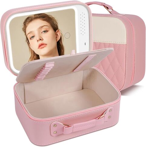 M-Box Travel Makeup Bag With LED Mirror, Protable Size Makeup Case Travel Cosmetic Bags Brush Organizer Storage Box, Rechargeable Vanity Mirror, Cosmetic Travel Bag for Women. (Pink) in Saudi Arabia