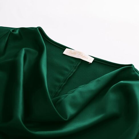 بلوزة نسائية من Belle Poque مصنوعة من الحرير والساتان ورقبة متدلية وأكمام طويلة وربطة عنق على الخصر وبلوزة قميص علوي in Kuwait