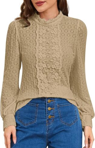 Belle Poque Women's Victorian Blouse Mock Neck Puff Sleeve Vintage Top Stretch Casual Lace Shirt with Decorative Buttons in Saudi Arabia