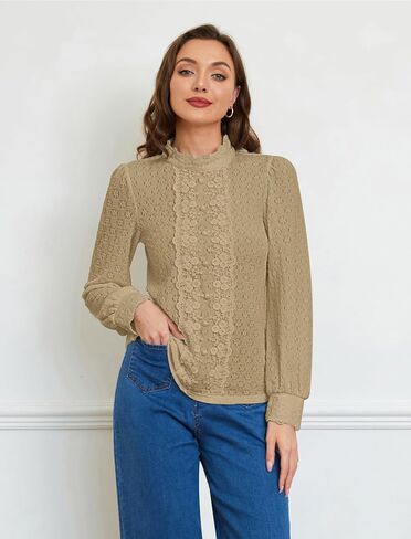 Belle Poque Women's Victorian Blouse Mock Neck Puff Sleeve Vintage Top Stretch Casual Lace Shirt with Decorative Buttons in Saudi Arabia