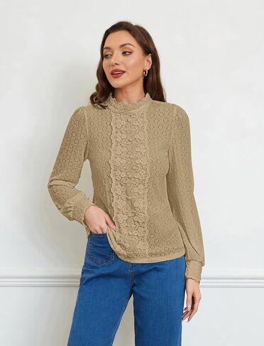 Belle Poque Women's Victorian Blouse Mock Neck Puff Sleeve Vintage Top Stretch Casual Lace Shirt with Decorative Buttons in Saudi Arabia
