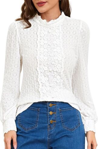 بلوزة نسائية من Belle Poque على الطراز الفيكتوري بأكمام منتفخة ورقبة وهمية قميص دانتيل غير رسمي قابل للتمدد مع أزرار زخرفية in Kuwait