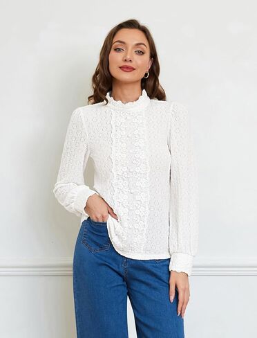 بلوزة نسائية من Belle Poque على الطراز الفيكتوري بأكمام منتفخة ورقبة وهمية قميص دانتيل غير رسمي قابل للتمدد مع أزرار زخرفية in Kuwait