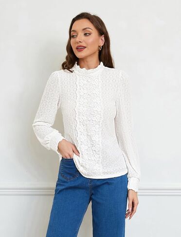 بلوزة نسائية من Belle Poque على الطراز الفيكتوري بأكمام منتفخة ورقبة وهمية قميص دانتيل غير رسمي قابل للتمدد مع أزرار زخرفية in Kuwait