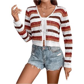 SweatyRocks Women's Causal Colorblock Striped Long Sleeve V Neck Tie Front Cropped Cardigan Sweaters