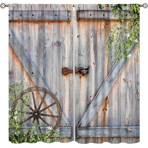 Barn Door Curtains for Kitchen,Vintage Western Rustic Farmhouse Old Wagon Wheel Greenery Wooden Door Window Drapes for Boys Girls Bedroom Living Room Bathroom 42x45in（No Blackout）