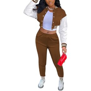 Women's Varsity Outfits Baseball Jackets 2 Piece Suit Long Sleeve Sweatsuits Set