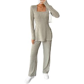 WDIRARA Women's 2 Piece Outfits Square Neck Split Hem Long Sleeve Tee and Flare Leg Rib Knit Pants Set