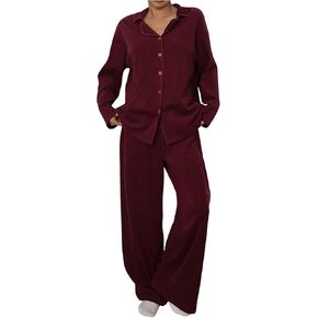 SweatyRocks Women's 2 Piece Pajama Set Collar Button Down Top and Pants Pjs Set Fall Sleepwear