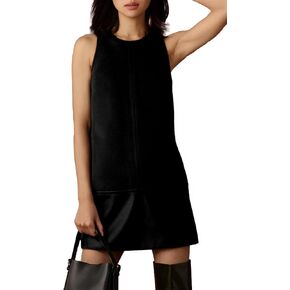 Ladyful Women's Faux Leather Mini Dress Tunic Sleeveless Woolen Shift Dress Crewneck Back Zipper Tank Dress