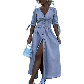 utcoco Womens Casual Button Down Maxi Denim Dress V-Neck Tie Half Sleeve Long Denim Dresses for Women 2024