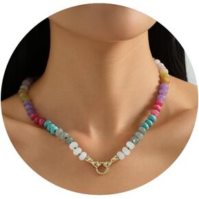 Colorful Beaded Gemstone Choker Necklace for Women Summer Rainbow Beaded Necklace 14K Gold Plated Natural Stone Handmade Necklaces Everyday Trendy Boho Beach Jewelry