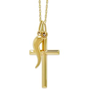 Gold Mini Italian Horn Charm with Cross Charm - 10 Karat Gold - Cornicello Pendant - Religious Cross Pendant - Cross Jewelry- Optional Gold Chain