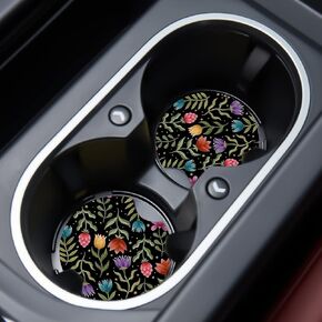 Jupswan Car Cupholder Coaster Absorbent 2 Pack Funny Cute Fun Trendy Animal Rabbit Bunny Florals Flowers Design Rubber New Automotive Cup Holder Decal Decor Accessories for Women Men