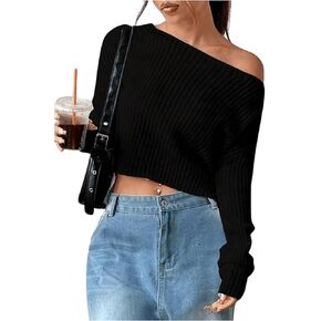 Verdusa Women's Off Shoulder Long Sleeve Sweater Y2K Cold Shoulder Sweaters Knit Fitted Pullover Top