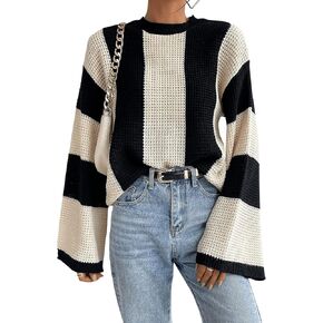 Verdusa Women's Colorblock Bell Sleeve Mock Neck Knit Sweater Pullover Top