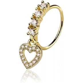 Pierced Owl 20GA 316L Stainless Steel CZ Crystal Lined Hoop with Dangling Heart Outline Charm Bendable Nose Ring