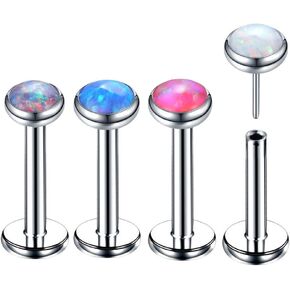 4pcs 16G Stainless Steel Opal Flat Back Earrings Studs Labret Stud Press Fit Threadless Push In Dainty Cartilage Helix Conch Lobe Lip Tragus Piercing Jewelry