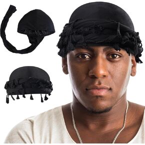 Turban for Men, 2 Pcs Satin Lined Halo Turban with Tassel, Durag Head Wrap for Men & Women, Sleep Bonnet for Braids Skull Cap Beanie Twist Black