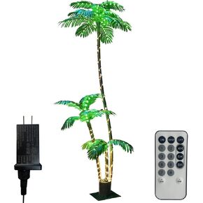 Artificial Palm Tree Christmas Tree 7Ft 3Trunks 260LED Lighted Simulation Tropical Palm Tree Fake Plant Light for Patio Home Office Beach Yard Cruise Hawaiian Party Tiki Bar Decorations - Electric