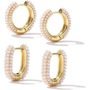 Pearl Chunky 14K Gold Plated Lightweight Hoop Earrings For Women Fashion Jewelry