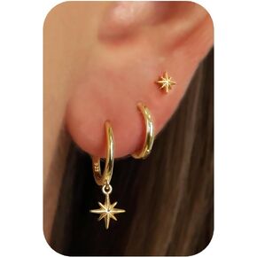 Earrings for Women-14k Gold Plated Earrings Stacks Moon Star Butterfly Heart Clover Snake Tiny Stud Earrings Huggie Hoop Dainty Earrings Set for Women