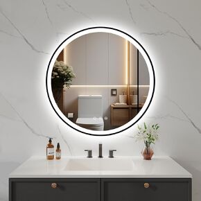 LOVESPEJO 28" Round Black LED Mirror for Bathroom with Front and Backlit, Anti-Fog Bathroom Mirror with Lights, Stepless Dimmable, 3 Color LED Bathroom Mirror, UL Listed, IP54 Waterproof