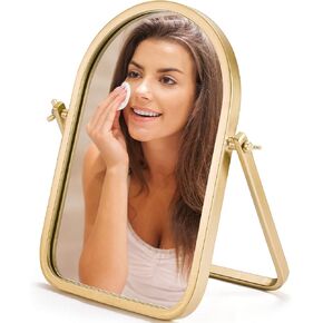 Geloo Vanity Makeup Table Mirror - Desk Mirrors 360 Adjustable Rotation,Metal Framed Small Standing Mirror for Bedroom,Tabletop,Office,Antique,Dresser,Countertop (Modern Gold, R) 11.8'' x 7.8''