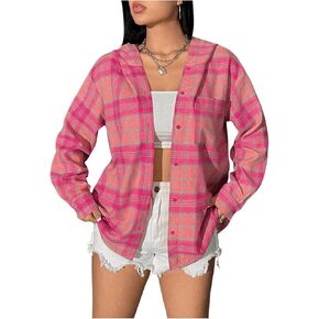 MakeMeChic Women's Plaid Hooded Button Down Shirt Long Sleeve Pocket Boyfriend Drop Shoulder Blouse