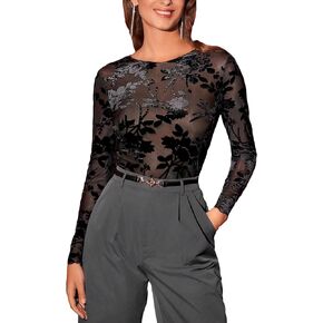 WDIRARA Women's Floral Print Sheer Mesh Round Neck Long Sleeve Party Club Sexy Top
