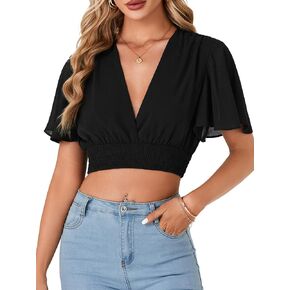 OPOIPIN Women's Deep V Neck Shirred Wasit Ruffle Short Sleeeve Crop Top Blouse