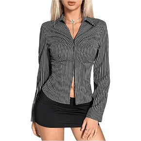 OYOANGLE Women's Striped Print Long Sleeve Ruched Shirts Y2K Split Hem Collared Shirt Tops