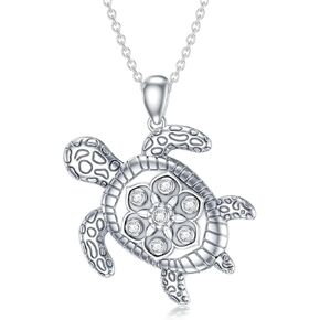 Diamond Sea Turtle Necklace for Women 925 Sterling Silver Lotus Turtle Animal Pendant Necklace Jewelry Gifts for Her Girls Women Mom Wife Girlfriend Daughter (0.091 cttw)