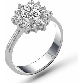 Genuine Solid 925 Sterling Silver with Round brilliant Cut Clear Cz Cubic Zirconia Stone Engagement Wedding Promise Halo Ring Luxury Gift for Women