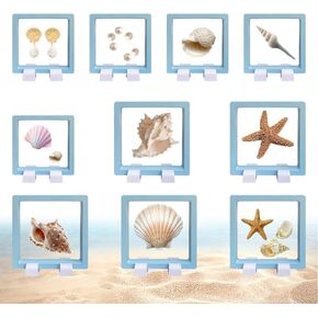 10 Pcs Seashell Holder 3D Floating Display Case, Jewelry Display Box with Base, Freestanding Collectible Holder, Used to Showcase Jewelry, Badges, etc(Baby Blue)