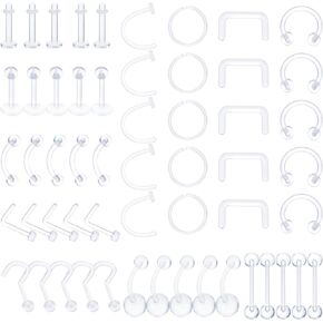 Yolev Clear Piercing Retainer Septum Retainers Nose Studs Flexible Lip Ear Nose Hoop Tongue Rings Nipple Ring Cartilage Piercing Retainer Plastic Industrial Barbell Piercing Retainer(55PCS